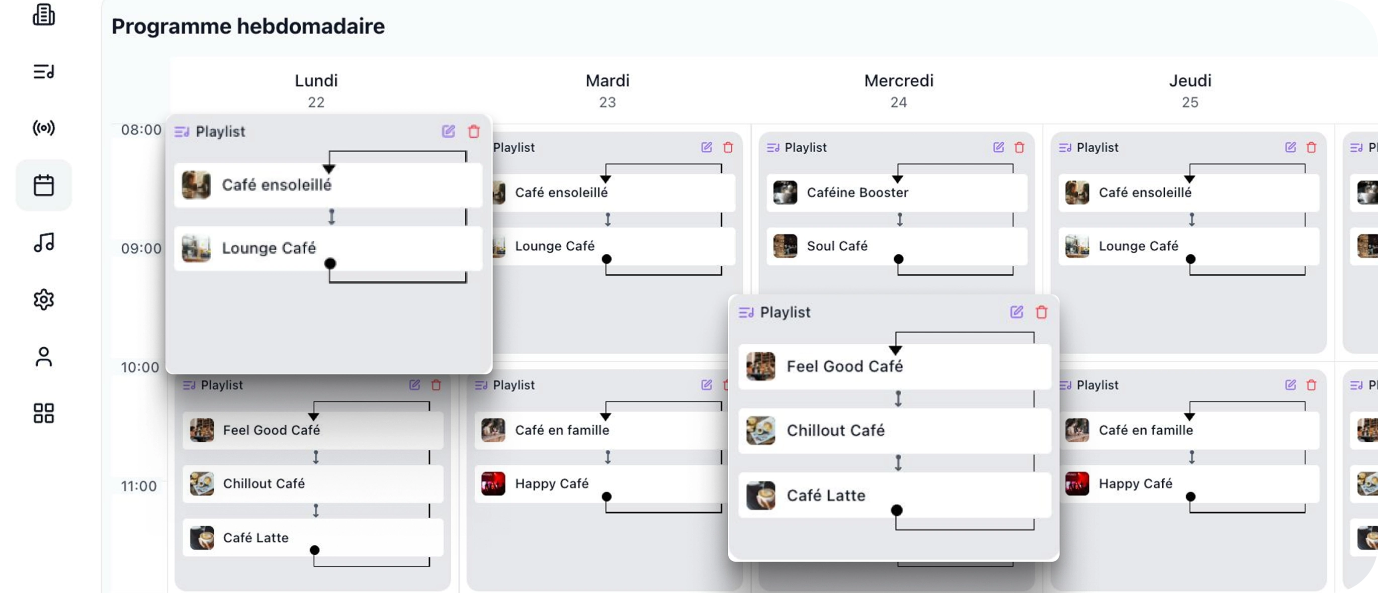 Programme hebdomadaire des playlists dans le dashboard Horra